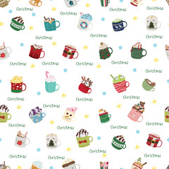 Christmas hot drink with mug seamless pattern background.
