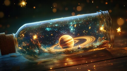 A transparent bottle sealed with a cork encloses a miniature universe, featuring twinkling stars, a bright sun, and a ringed planet floating in dark space
