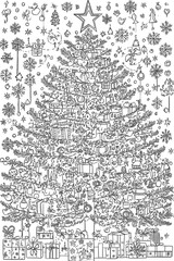 Christmas Tree with Ornaments and Gifts Doodle Illustration