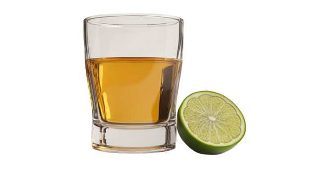 Tequila Shot with Lime Wedge on Checkered Background