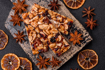 Delicious sweet nutrition bars with nuts, dried berries gluten free