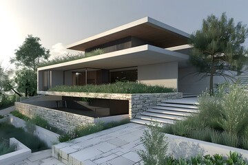 Modern Minimalist Architecture Design House with Grass Roof and Green Plants