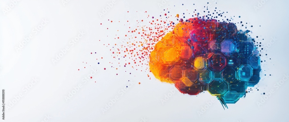 Aufkleber a colorful brain made of hexagons and data points on a white background, symbolizing artificial inte