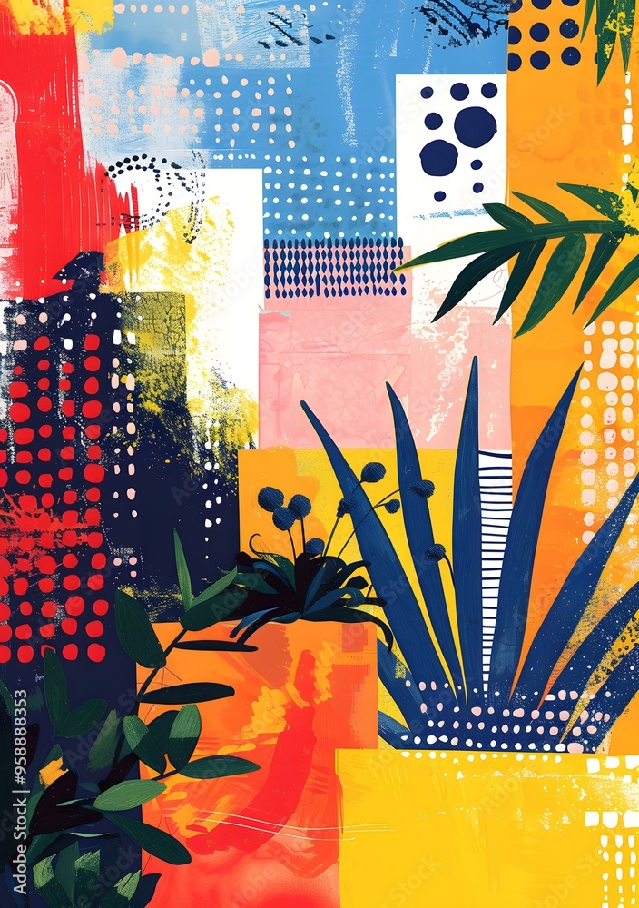 Poster abstract collage with tropical plants and bold colors