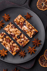 Delicious sweet nutrition bars with nuts, dried berries gluten free