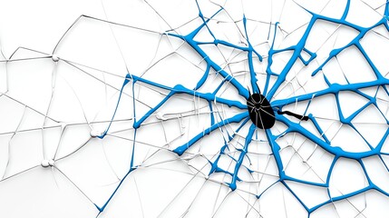 Obraz premium A close-up view of an intricate spider web featuring a striking blue pattern against a white background.