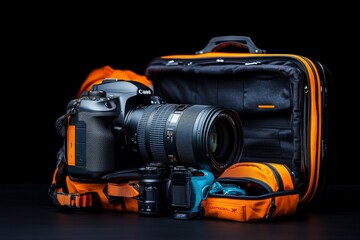 Open suitcase, camera gear, prepared for adventure suggests a journey to capture beautiful moments and memories