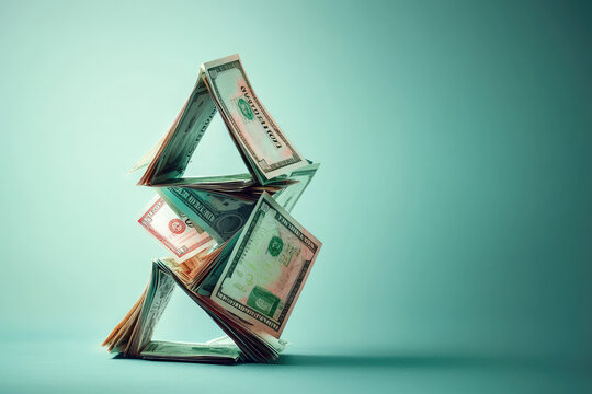 A precarious house built with stacks of US dollar bills, symbolizing financial instability and risk.