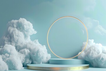 A minimalist scene with fluffy clouds surrounding a golden ring on a light blue platform, evoking a...