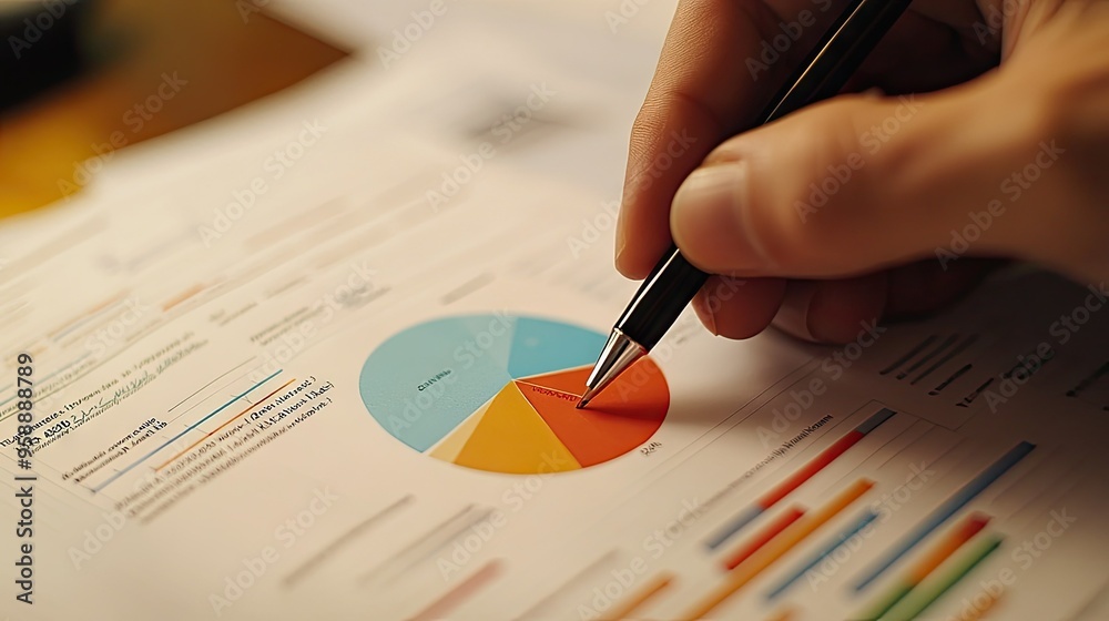 Poster a macro shot of a hand annotating a pie chart on a printed report, with visible pie slices and data 