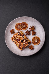 Delicious sweet nutrition bars with nuts, dried berries gluten free