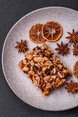 Delicious sweet nutrition bars with nuts, dried berries gluten free