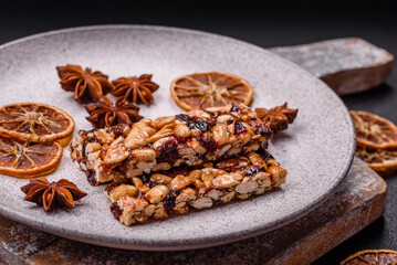 Delicious sweet nutrition bars with nuts, dried berries gluten free