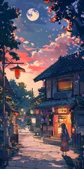 Fototapeta premium Night Scene in a Japanese Town with Woman in Kimono
