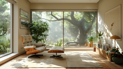 Fototapeta premium serene living room with large glass windows overlooking a lush green garden, featuring cozy furniture and natural light. Perfect for home decor, interior design, and lifestyle-themed visual