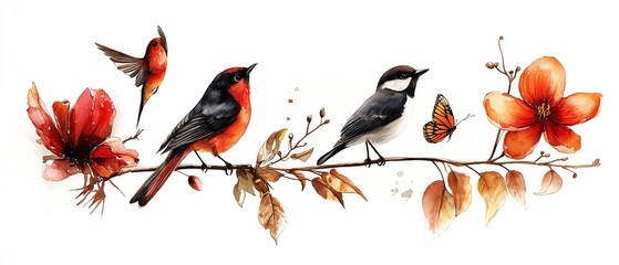 Fototapeta premium A beautiful watercolor illustration of birds perched on a branch adorned with vibrant flowers and a butterfly.