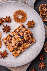 Delicious sweet nutrition bars with nuts, dried berries gluten free