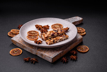 Delicious sweet nutrition bars with nuts, dried berries gluten free