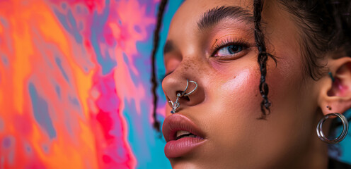 Model with a septum piercing, highlighting the unique jewelry and the expression on their face, set against a vibrant, colorful backdrop.