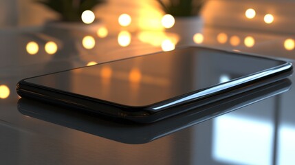A sleek smartphone resting on a reflective surface, illuminated by soft, warm lights in the background.