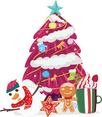 Cartoon pink christmas tree illustration on transparent background.
