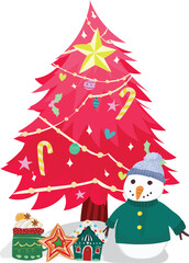 Cartoon pink christmas tree illustration on transparent background.

