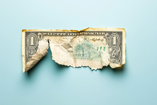 A single dollar bill, torn and tattered, lies on a pale blue background, symbolizing loss, fragility, and the ephemeral nature of wealth.