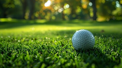 A close-up of a golf ball resting on a dewy, sunlit green course, with a flag in the distance. Perfect for sports, leisure, and outdoor activity-themed visuals, evoking focus and precision.