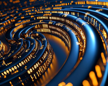Abstract digital landscape featuring swirling binary code in vibrant colors, representing technology and innovation.