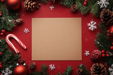 Christmas Kraft Paper with Festive Decorations on Red Background