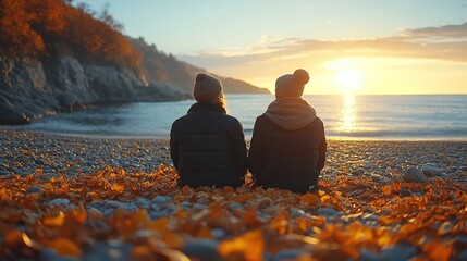 senior couple relaxing and having romantic moment near the autumn sea