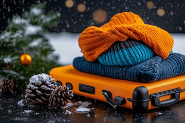 Open suitcase, winter clothes, cozy layers prepare for a trip to a snowy, cold destination