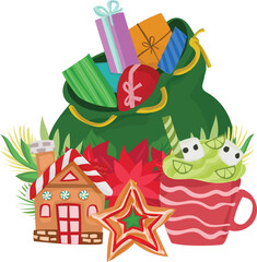 Christmas gift bag illustration on transparent background.
