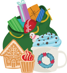 Christmas gift bag illustration on transparent background.
