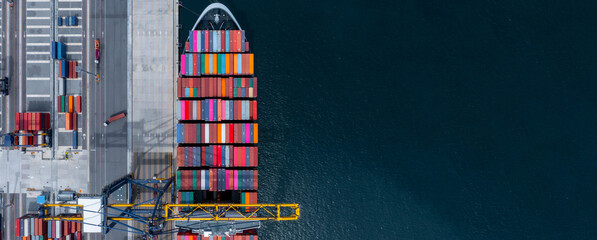 Aerial view container cargo ship freight shipping industry at port, Global business commercial...