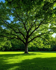 Obraz premium A majestic tree with lush green leaves stands tall in a vibrant lawn, capturing the essence of nature and tranquility.