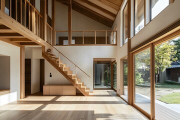 Obraz premium Modern Wooden Staircase Design In Open Concept Home Interior