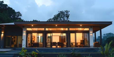 Fototapeta premium Modern House with Large Windows and a View of the Forest