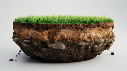 A cross-section of soil, dirt, and rock with grass on top, isolated on a white background.
