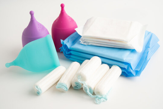 Sanitary pad napkin, tampon and menstruation cup for woman hygiene protect menstruation cycle.