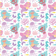 Childrens cute background. Little mermaids, jellyfishes, sea horses and various seaweeds and corals seamless pattern. Underwater life vector illustration
