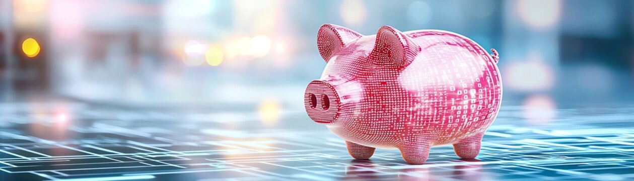 A charming pink piggy bank sits on a modern surface, symbolizing savings and financial growth in a vibrant environment.