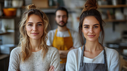 Fototapeta premium Three young adults in a kitchen, smiling confidently, cozy atmosphere