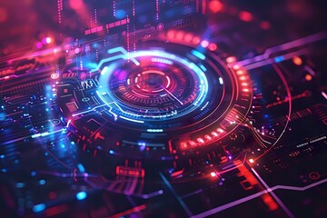 A futuristic digital interface with neon lights and holographic elements, symbolizing advanced technology, data, and innovation. Ideal for technology, cyber, and sci-fi-themed visuals