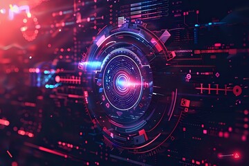 Obraz premium A futuristic digital interface with neon lights and holographic elements, symbolizing advanced technology, data, and innovation. Ideal for technology, cyber, and sci-fi-themed visuals