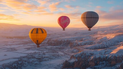 Obraz premium Hot Air Balloons Over Snowy Landscape at Sunrise