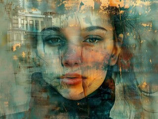 A woman's face is partially obscured by an abstract cityscape, creating a sense of mystery and introspection.