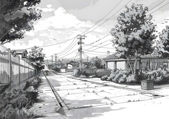 Fototapeta premium Black and White Illustration of a Suburban Street with a Car in the Distance
