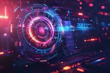 A futuristic digital interface with neon lights and holographic elements, symbolizing advanced technology, data, and innovation. Ideal for technology, cyber, and sci-fi-themed visuals