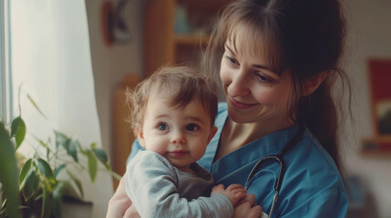 A smiling female doctor in medical attire holds a happy toddler in a healthcare setting, highlighting child-friendly medical care.